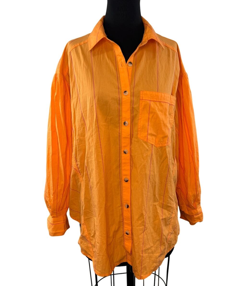We The Free Happy Hour Orange Pink Stripe Top Oversized Button-Up Small S NEW